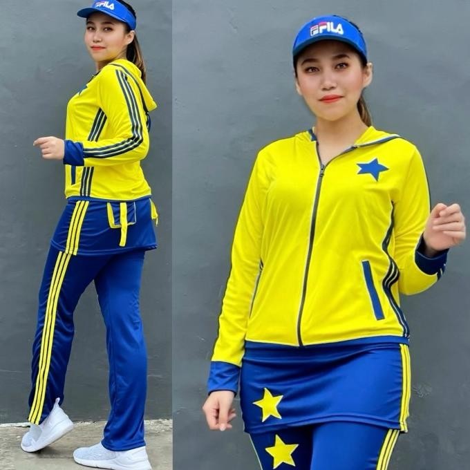 Setelan Baju Senam Aerobik Zumba Panjang Hijab Rok Kuning Biru