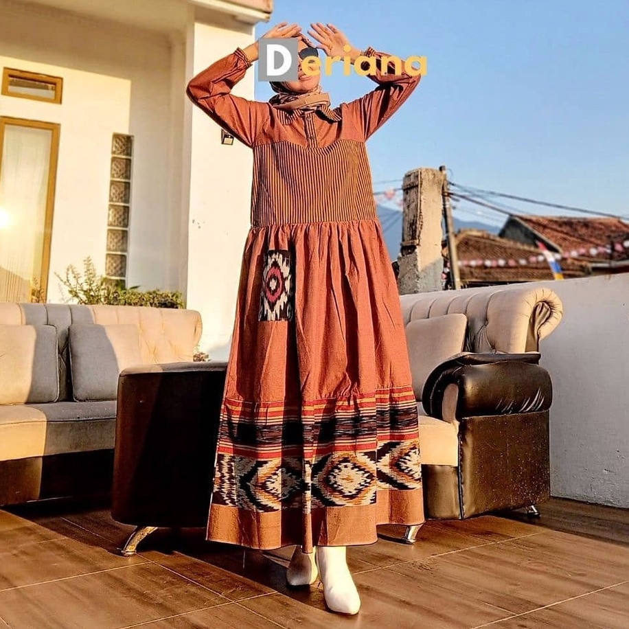 Dress Muslim Casual Modern Wanita Maharani Dress By Deriana Project Gamis Ethnic Material Lurik ikat