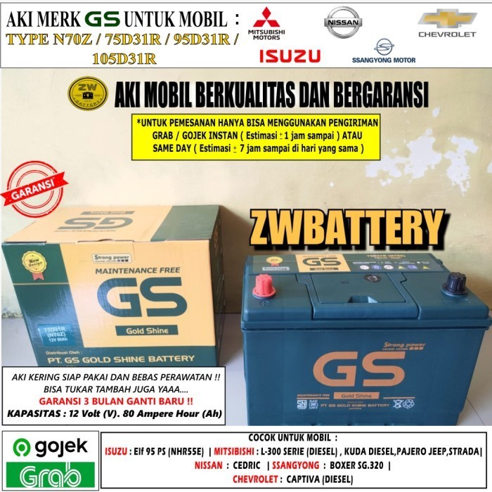 Ready AKI MOBIL N70Z / 75D31R 12 VOLT 80 AMPERE GS MF