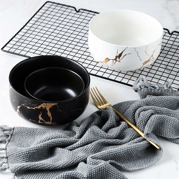 Classic Ceramic Marble Bowl Mangkok Keramik Marmer Hitam Putih