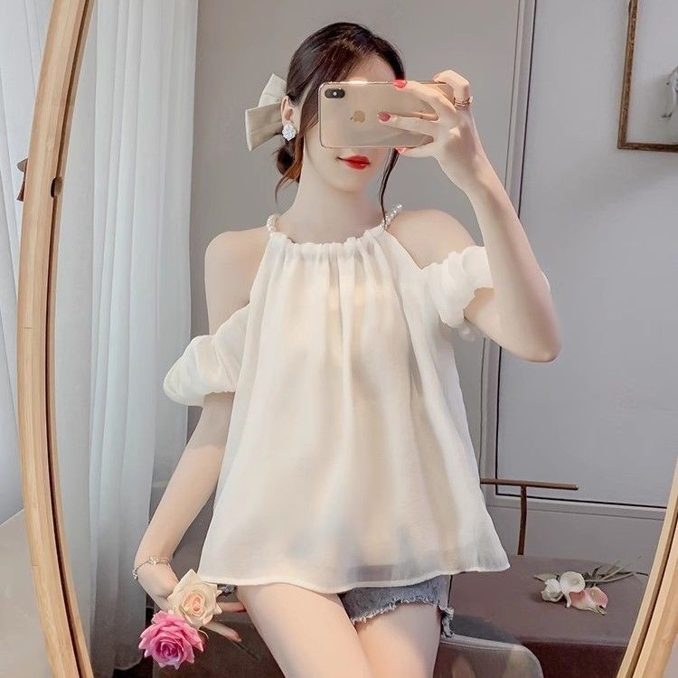 Blus Desain Bahu Terbuka Halter Mutiara Temperamen Gaya Perancis Blus Sifon Pelangsing Longgar