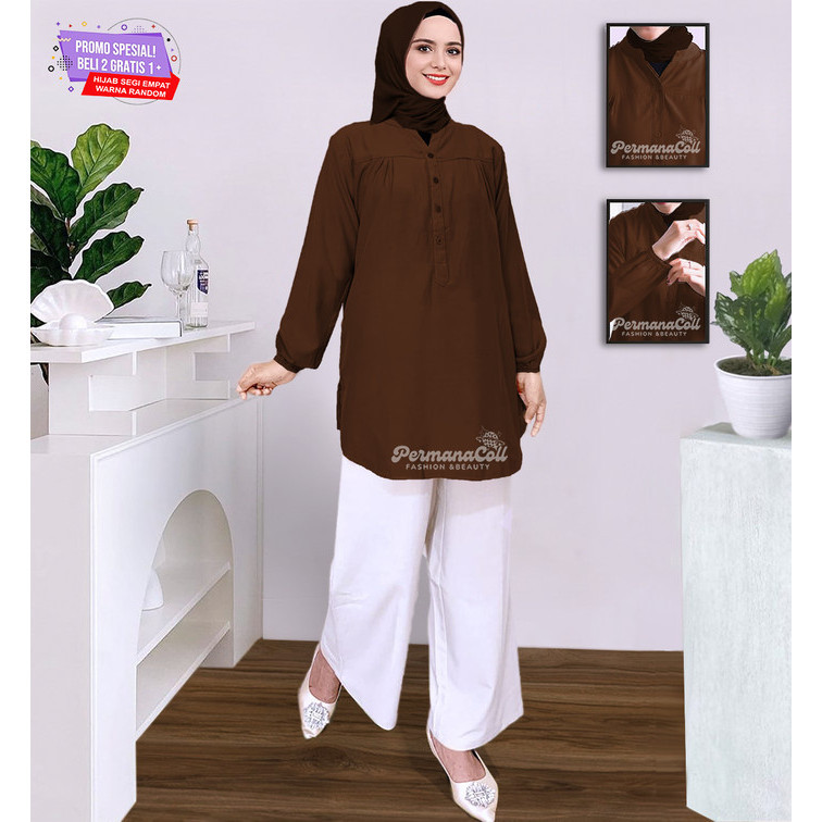 Baju Atasan Blouse wanita Kemeja Lengan panjang Coklat Jumbo Blus