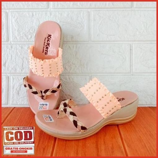 Promo Kickers Rf Renda 01 Sandal Anak Perempuan Jepit Wedges Hak 5Cm Size 26-35 Krem Combi Jaminan O