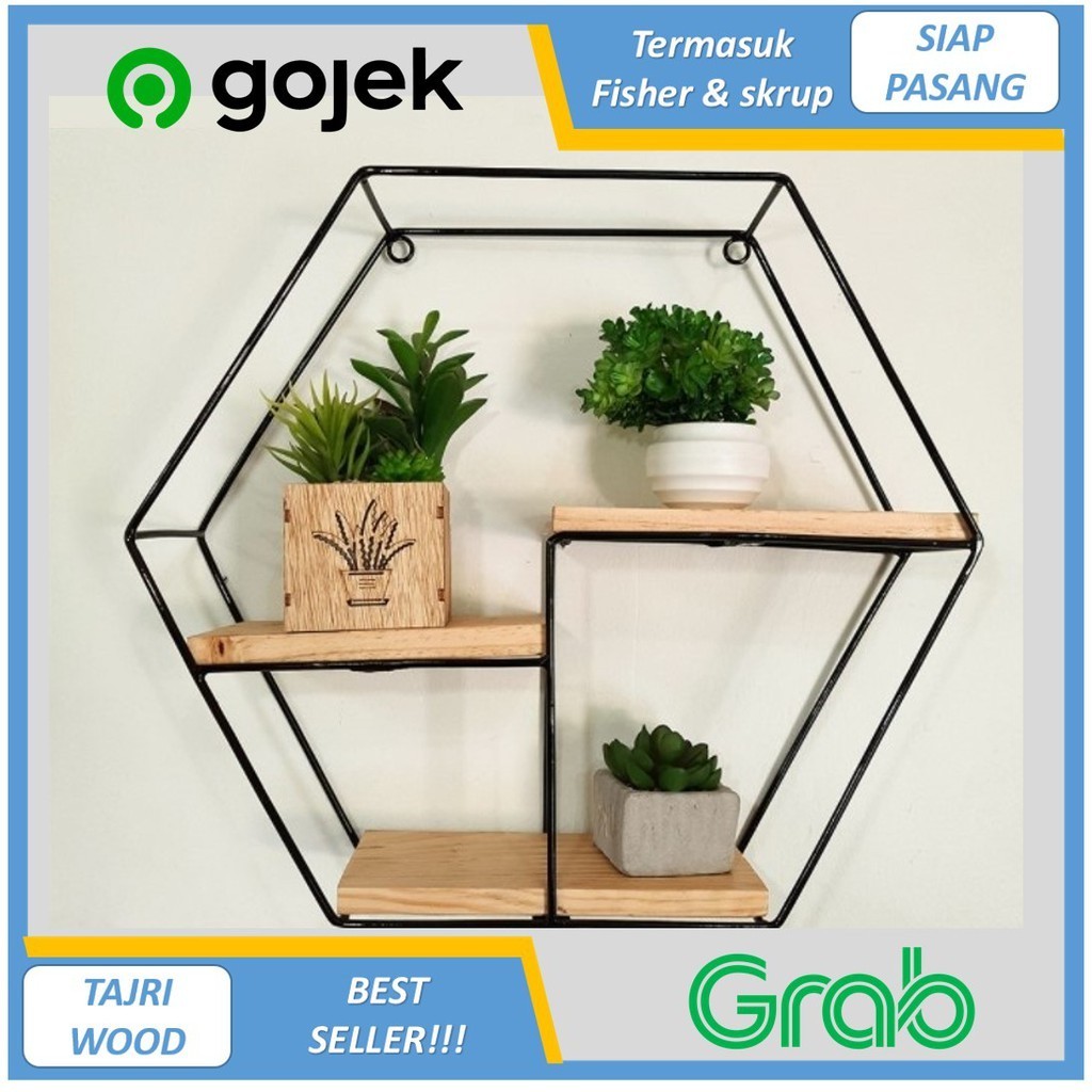 Rak Dinding Besi Dekorasi Dinding Minimalis Vintage Hexagon / Ambalan Kayu 3 Titik