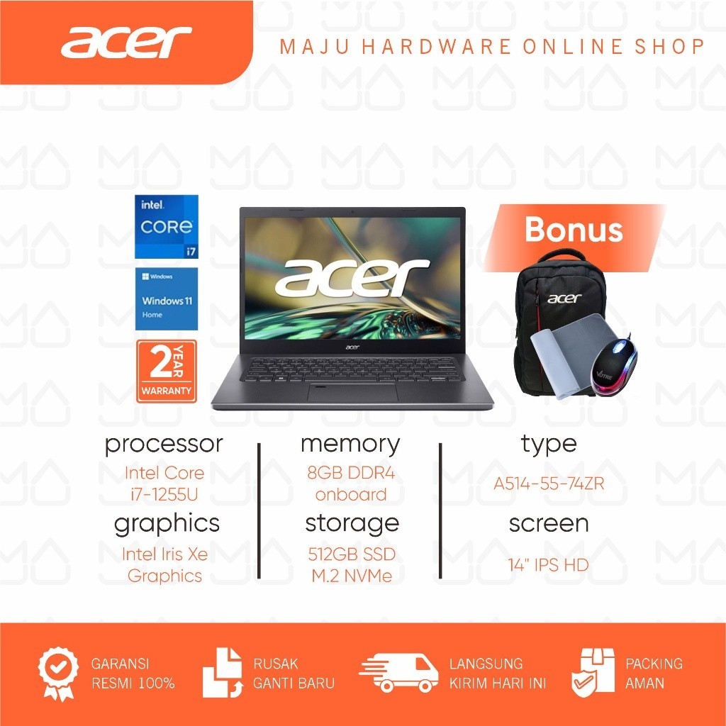Laptop Acer ASPIRE 5 SLIM A514-55-74ZR CORE I7 1255U 8GB 512SSD IRISXE WIN 11