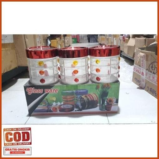 Baru Glass Ware Jar Toples Kaca Lebaran Isi 3 Pcs / Toples Tempat Snack / Food Storage Qc Pass