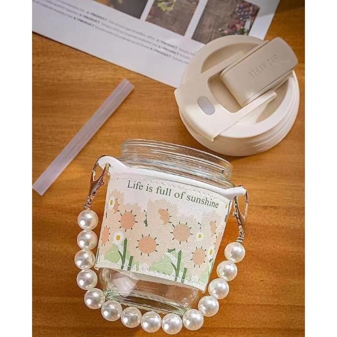 Botol Minum Lucu Kaca Aesthetic Tumbler Korea Dengan Tali Mutiara