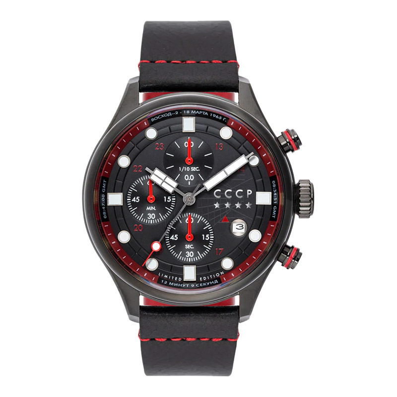 [CLEARANCE MEI] Jam Tangan Pria CCCP Comrade CP-7100-03 Chronograph Black Dial Dark Brown Leather St