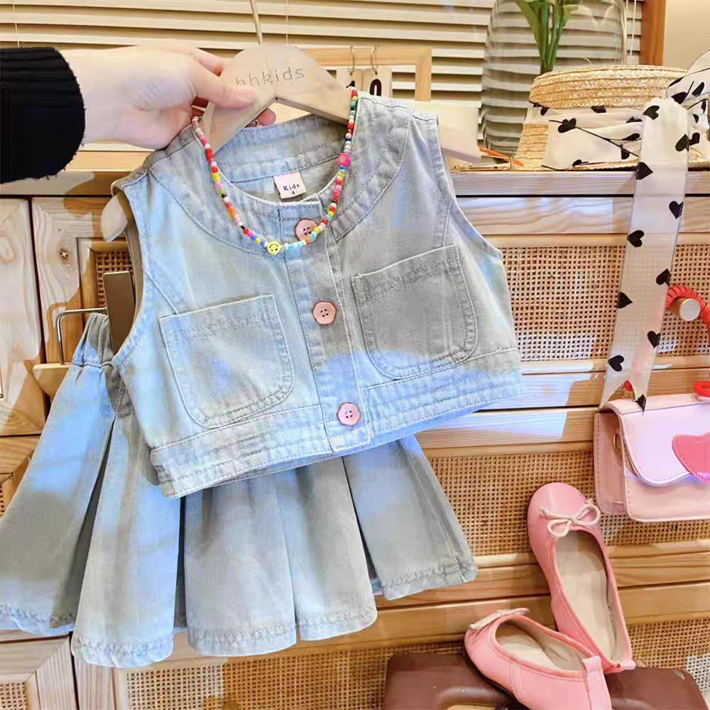 Setelan Denim Anak Perempuan, Rok Lipit Atasan Gaya Korea