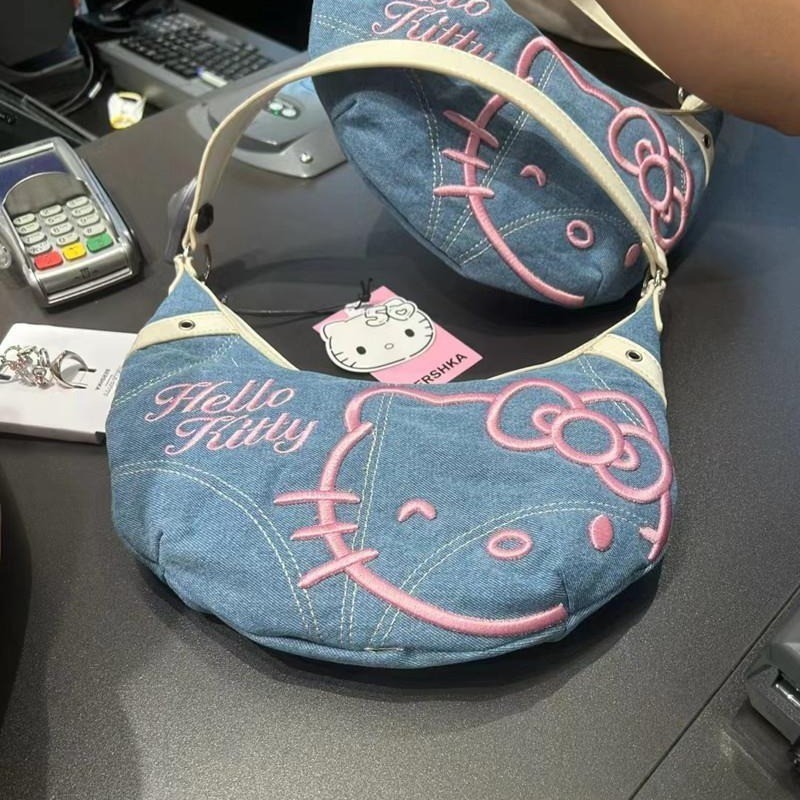 Tas Ketiak Bordir Denim HelloKitty Tas Selempang Wanita Musim Semi Baru Tas Croissant Tas Denim Wani