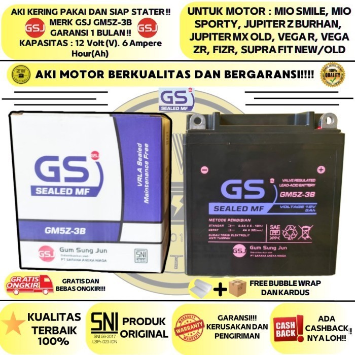 Aki Supra Fit/Lama, Supra X 110Cc, Megapro Primus Gs Gm5Z-3B Mf