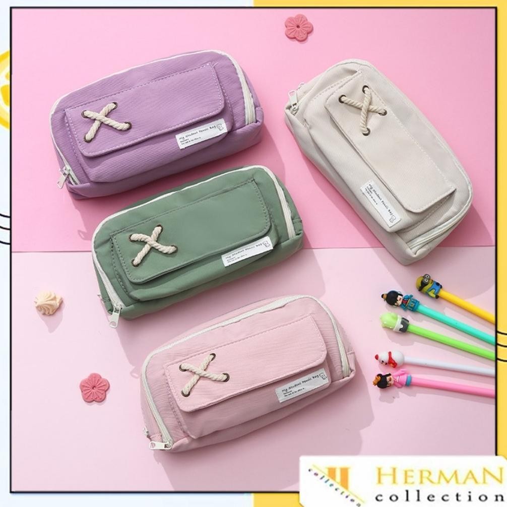 

HC Tempat Pensil Model Pita Silang Kotak Pensil Tali Rami Ritsleting Ganda Bahan Kanvas Pouch Tempat Alat Tulis Perlengkapan Sekolah Kantor Dua Sisi Resleting