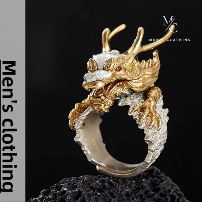 Men's Domineering Dragon Year Faucet Adjustable Diet Ring Open Mouth Dragon Ring Bracelet