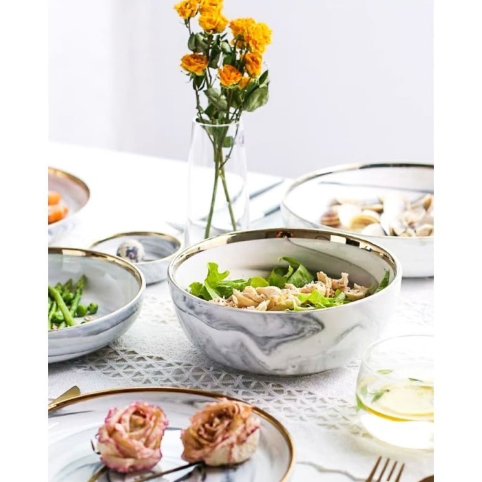 Set Piring Marble/ Set Piring Cantik / Dinner Plate Motif Marble Putih