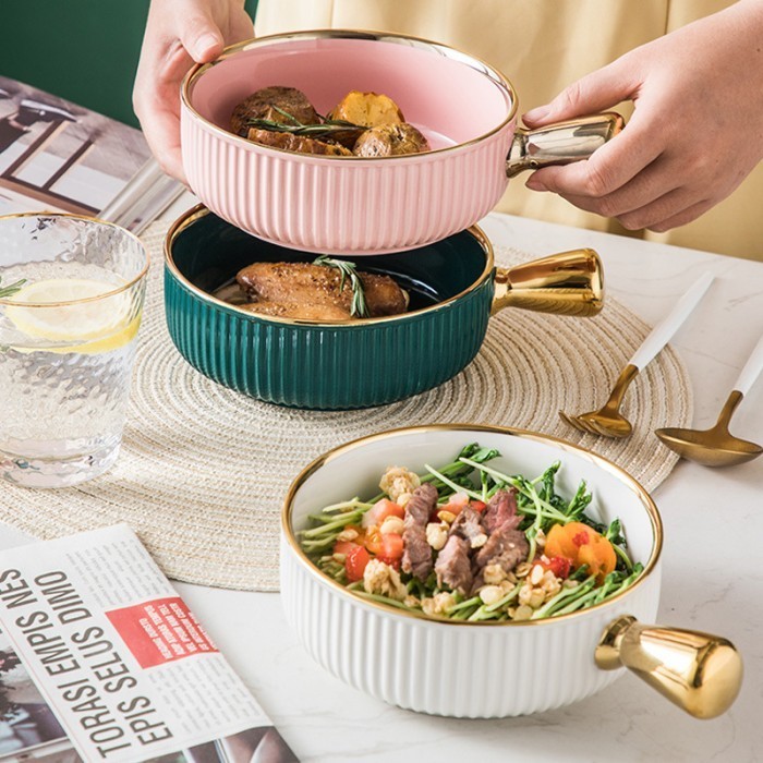 Bowl With Handle Gold / Mangkok Keramik / Mangkok Cantik