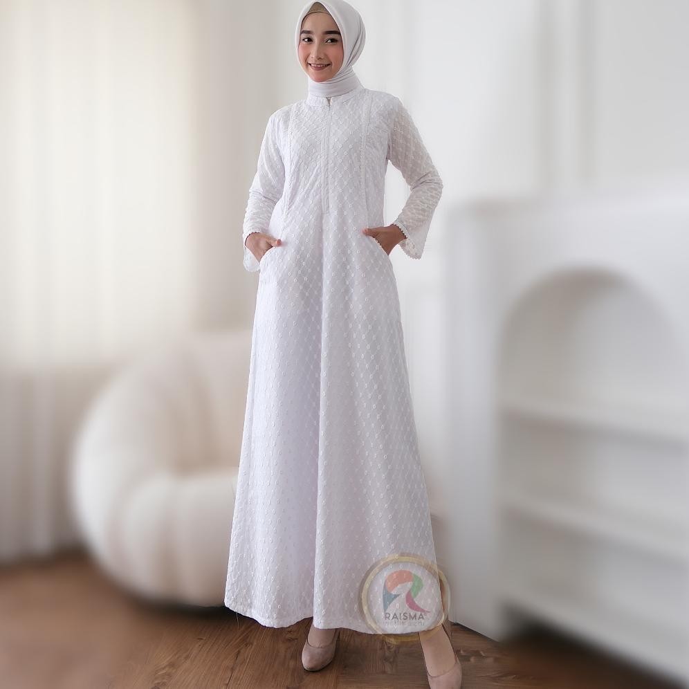 promoo gamis putih muslimah katun jepang motif polkadot busana ihrom dan haji