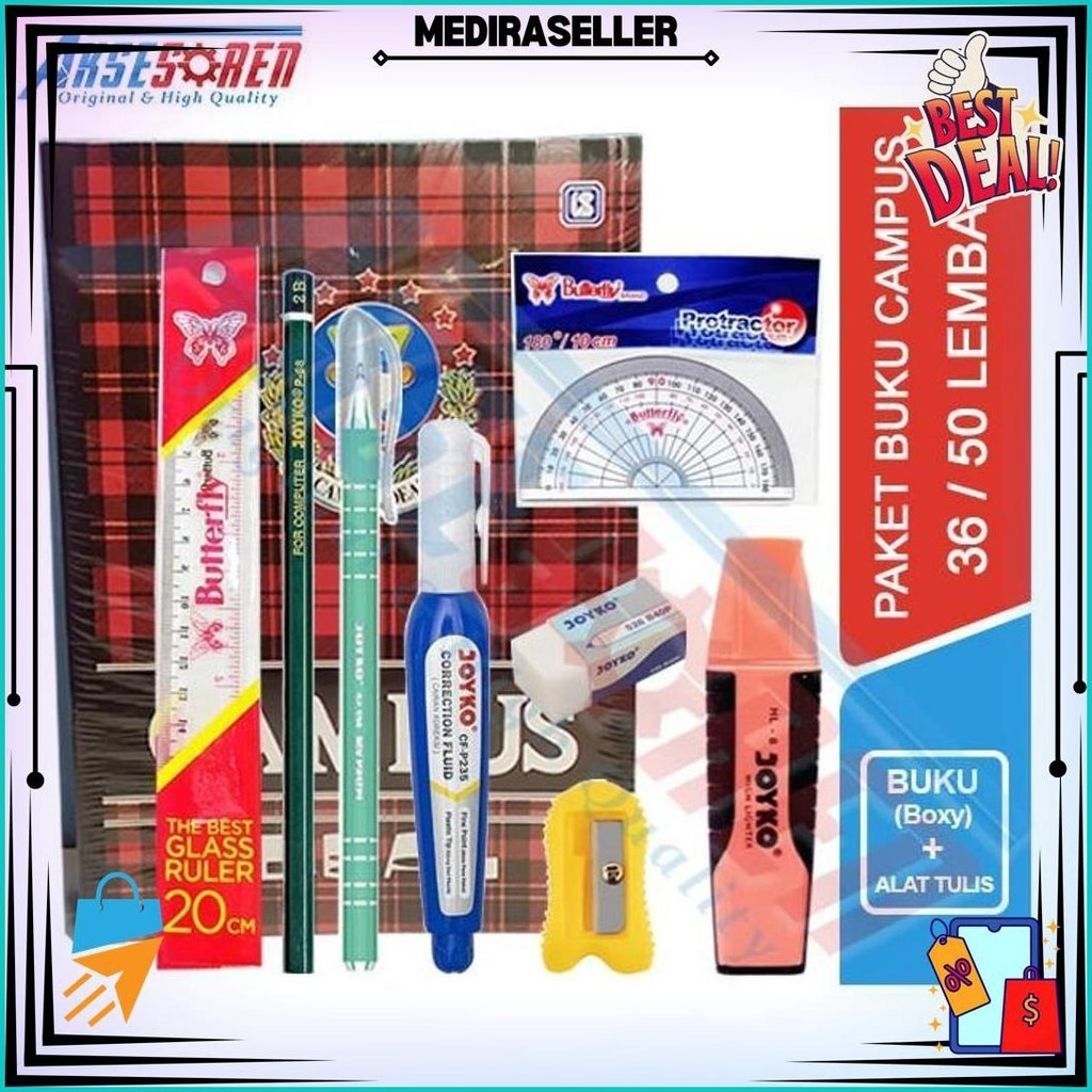 

Perlengkapan Paket Alat Tulis Ujian Sekolah Lengkap Joyko 1 Set / Buku Campus 50 58 Lembar / Buku Tulis Kampus 36 38 Penggaris Butterfly Rautan Pensil 2B Pulpen Jel Penghapus Besar Tipe X Joyko Promo