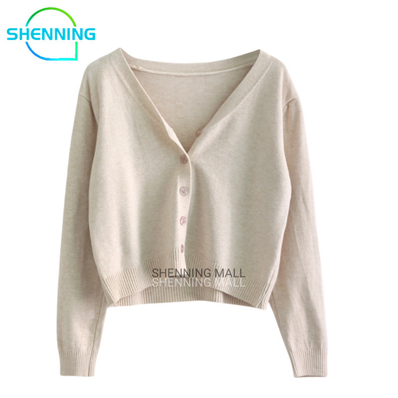 SHENNING Cardigan Knit V-Neck Outer Knit Basic Cardigan Crop Lucu Knit Sweater Rajut Korea