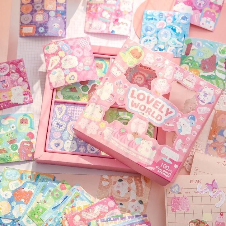 

1 Box Stier Cute Stiker Lucu Deco Pink Glitter Lovely World Stiker Anak Diy Journal Deco Stiers