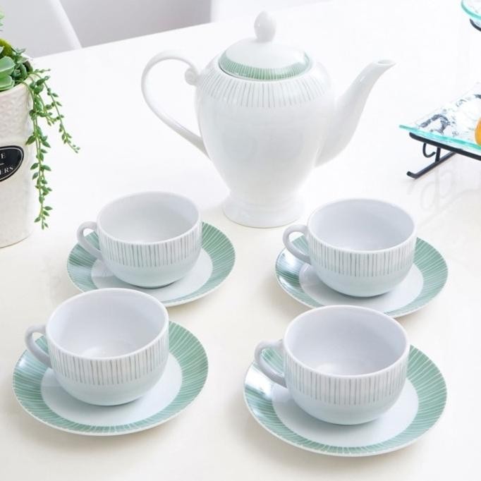 [New] Delicia Set Teko & Cangkir Teh Premium Porcelain Motif Garis