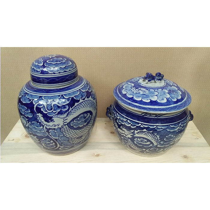 Gra Sepasang Guci Keramik Lama Naga Biru