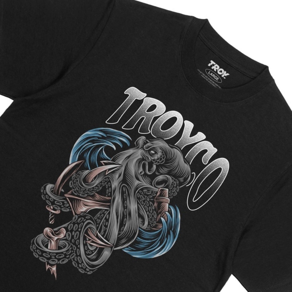 Troy Company Tshirt Black Kraken Sea of ​​Destruction - Kaos Pria Lengan Pendek Hitam MT 2232