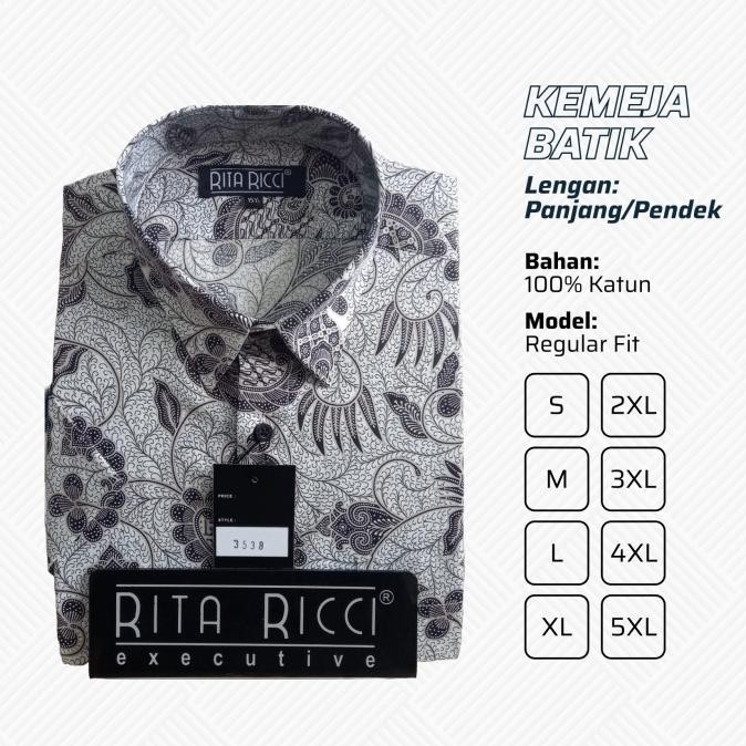 Rita Ricci Kemeja Pria Batik Motif Bunga Putih Abu Katun Regular Fit