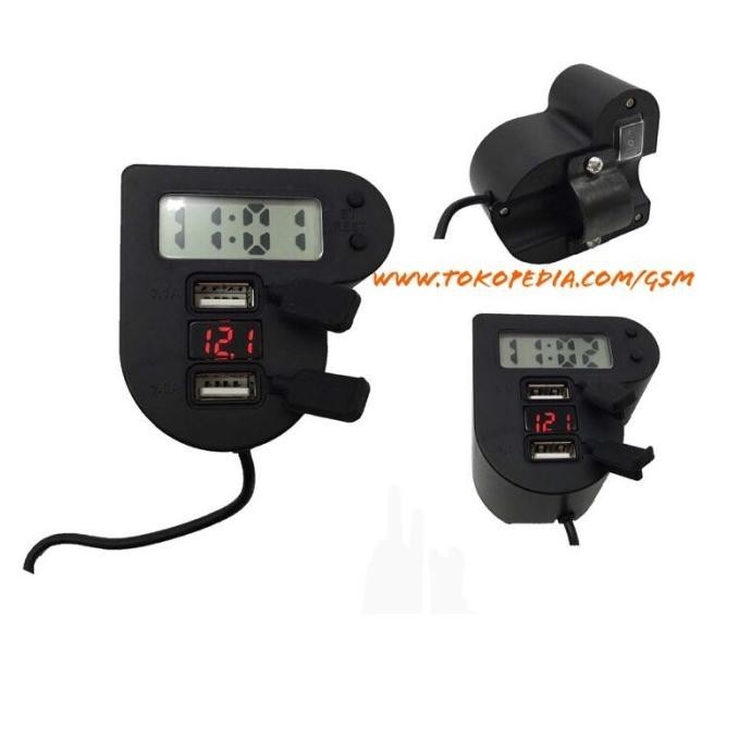 Voltmeter Charger Hp Usb Jam Digital 4 In 1 Breket Holder Motor Mobil