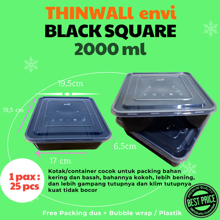 SALE THINWALL KOTAK MAKAN SQUARE 2000 ML HITAM BLACK ENVI ISI 25 PCS