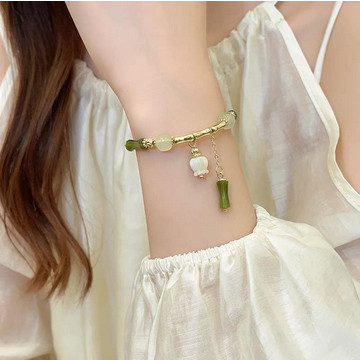 Haf Gelang Giok Asli Bambu Bunga Putih Titanium Aksesoris Gelang Giok