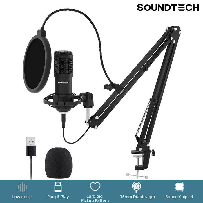 Soundtech Usb Microphone Mic Condenser Recording Streaming Podcast Pc