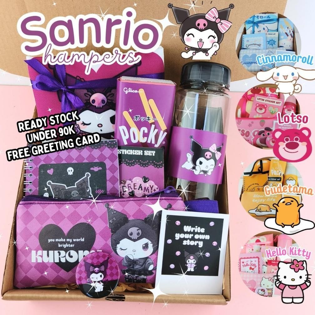 

Murah Kado Karakter Sanrio Lotso Kuromi Cinnamoroll Gudetama Hello Kitty Hampers Ultah Cewek Pacar Paket Birthday Gift Box Ulang Tahun Alat Tulis Sekolah Totebag Buku Wisuda Murah Viral