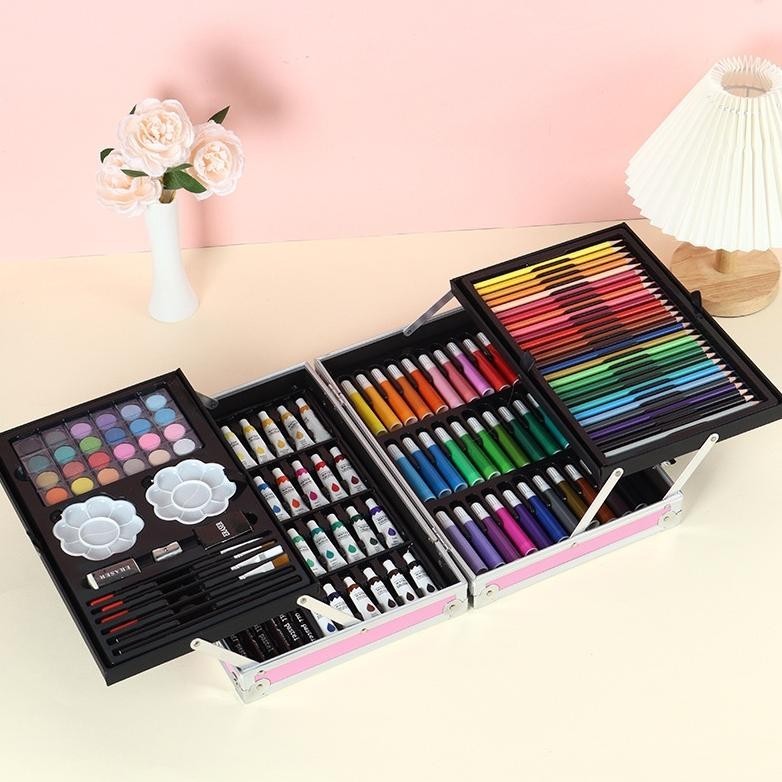 

KU Crayon Set 145pcs Koper Aluminium Besi Krayon Pensil Warna 145 Pcs Box Alat Lukis Anak Koper Set