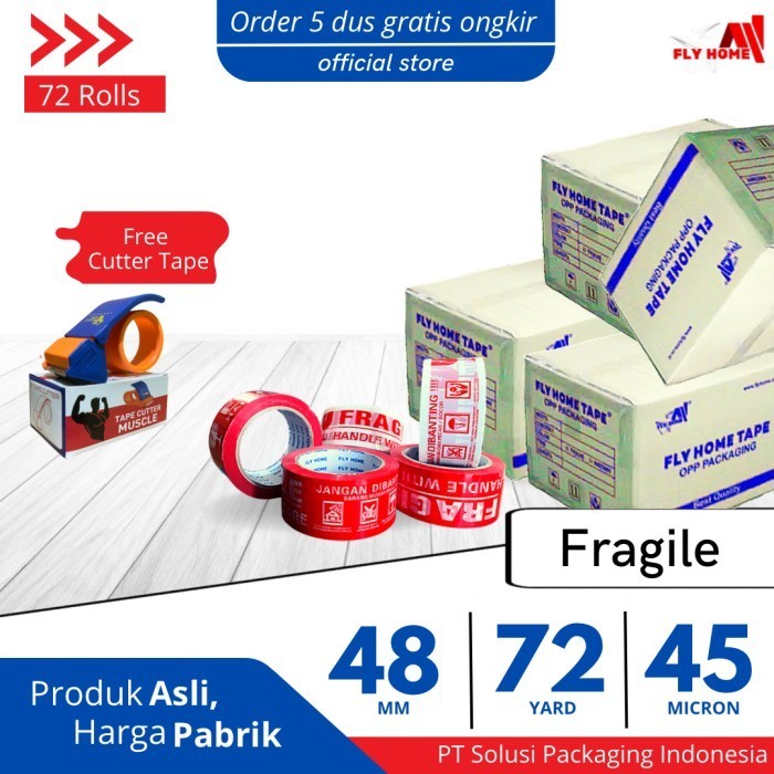 

FLYHOME Lakban fragile merah putih 2inci 72yard 1 dus 48x72 yard 72rol