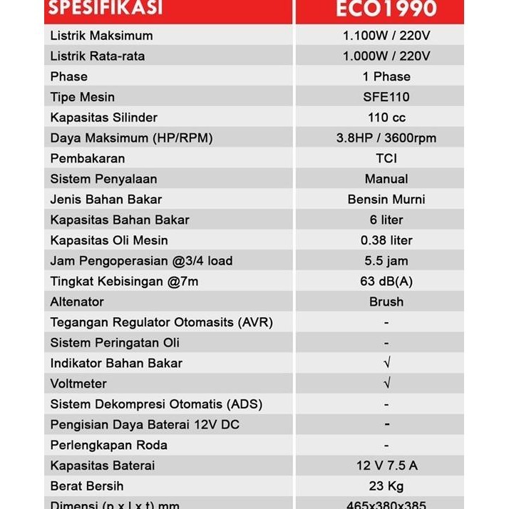 Firman Mesin Genset Bensin Eco1990 1Kw Plus Avr. Gasoline Generator