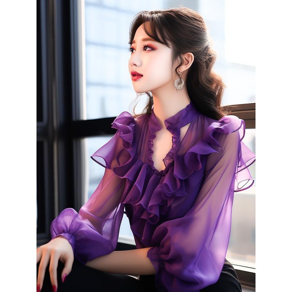 Kemeja Kerut Sifon Kelas Atas Wanita, Atasan