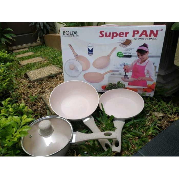 Bolde Panci Wajan Set Super Pan Granite Set Beige 3 + 1 Pcs Super Pan