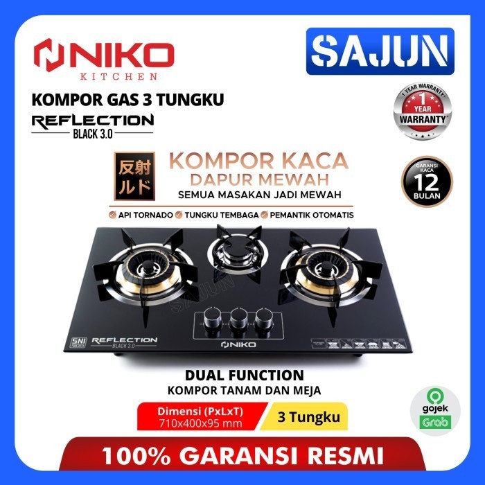 NIKO KOMPOR GAS 3 TUNGKU REFLECTION BLACK KOMPOR TANAM KACA