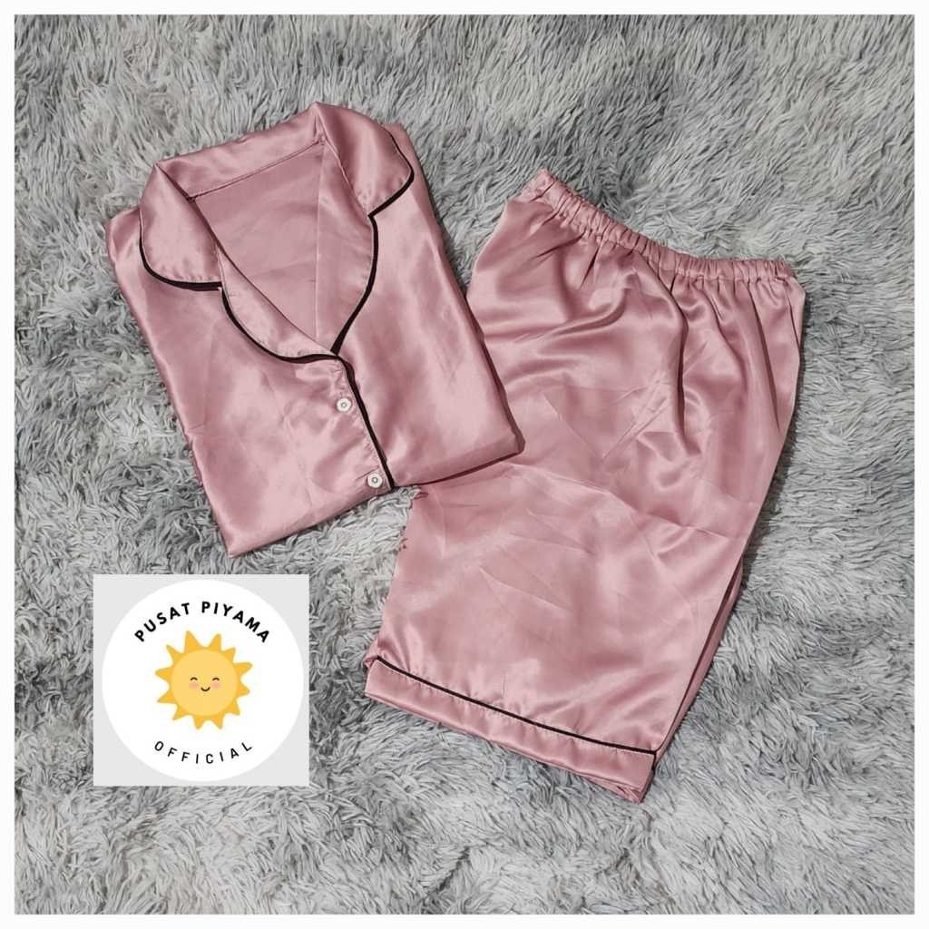 Piyama Satin Setelan Dewasa Wanita Lengan Pendek Celana Pendek Baju Tidur Cewe Polos Kekinian