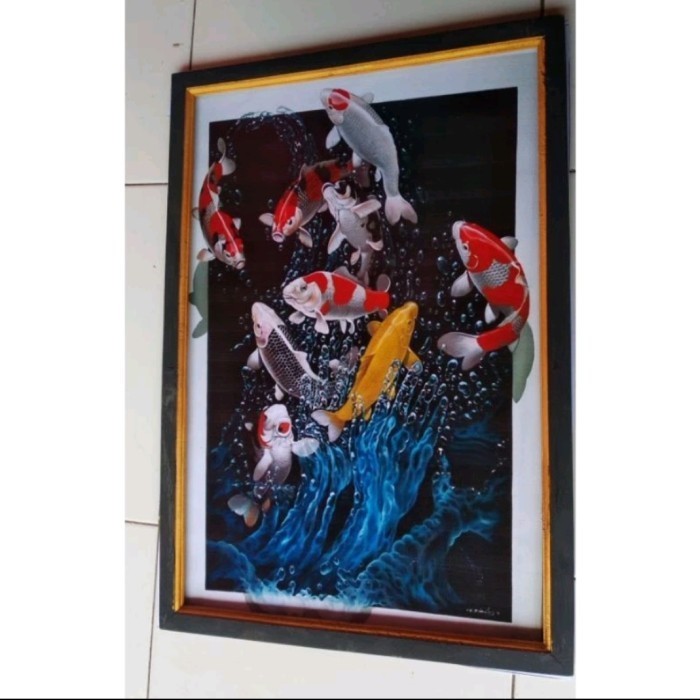 FREE ONGKIR lukisan cetak ikan koi 3D plus bingkai ukuran 6545