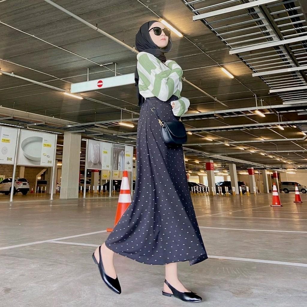 Kreatif Fashionku - One Set 3in1 Wanita - Pashmina+Sweater Rajut+Rok Polkadot Crop Jilbab