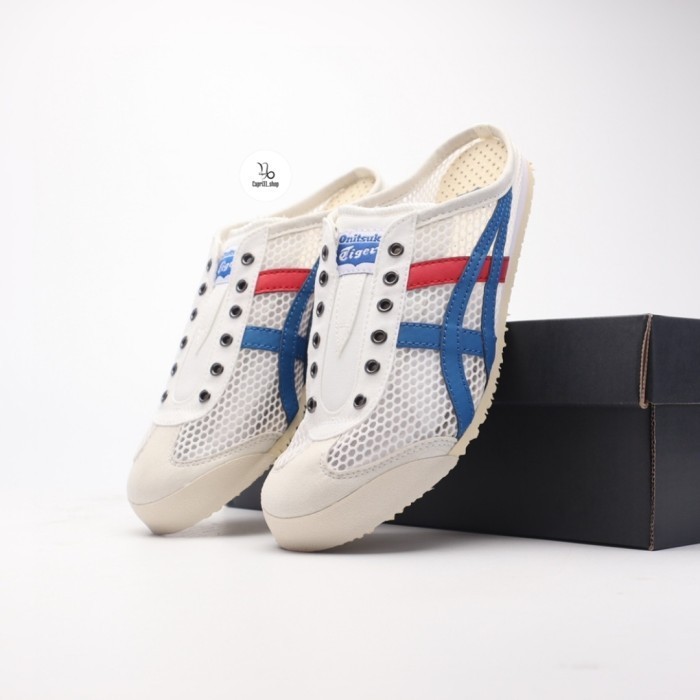 Sepatu Sandal Onitsuka Tiger White Blue Red Free Kaos Kaki