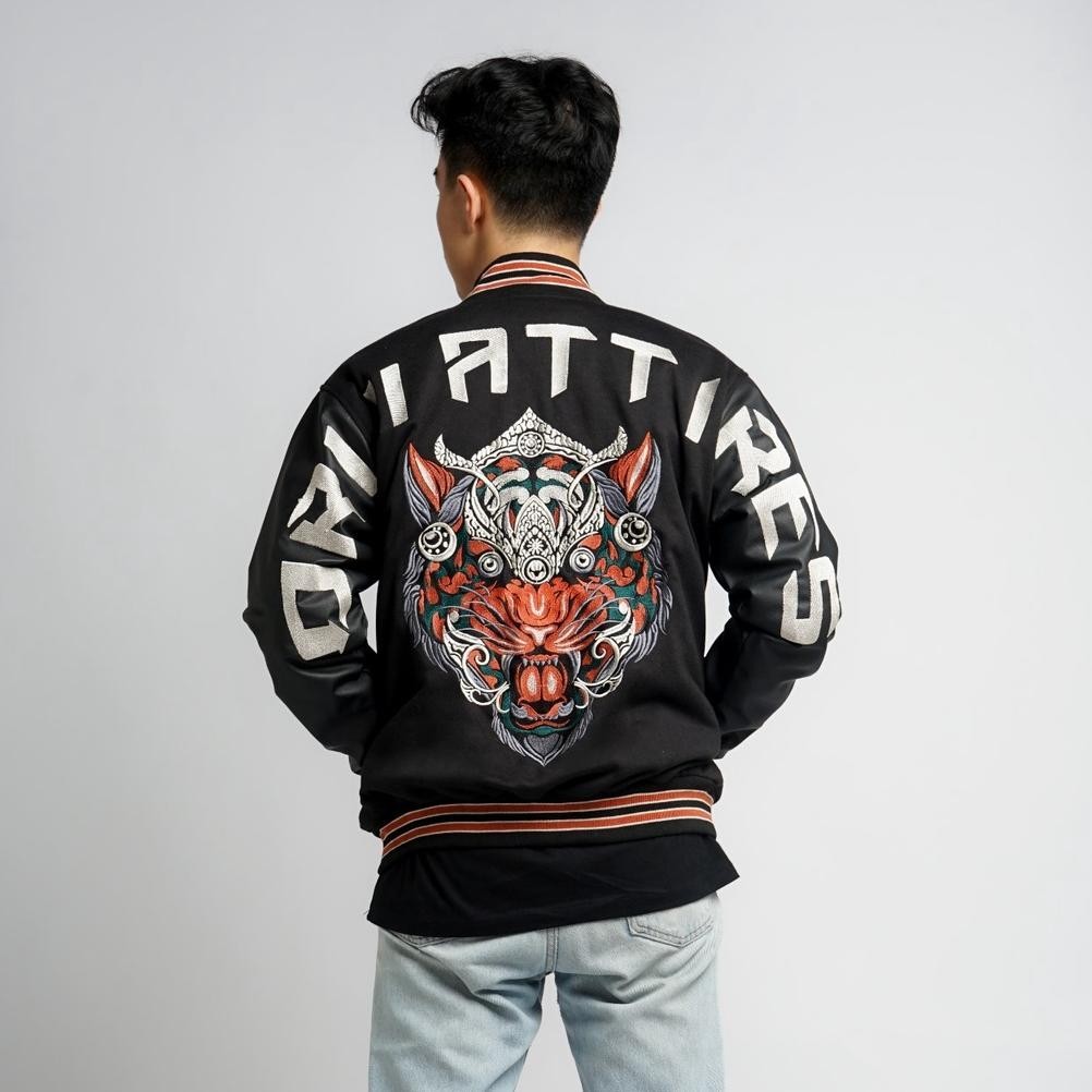 Jaket Pria Keren Orijiires Varsity Pria Wanita Maung Bali Full Bordir Cotton Fleece Hitam Kombinasi 