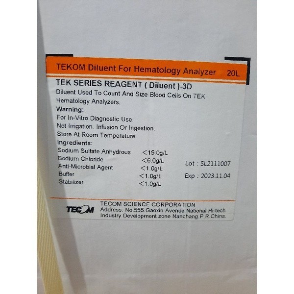 Originial Diluent Tekom 3Dif ( Tek Series Reagent ( Diluent ) -3D ) Diluent Hematology Analyzers