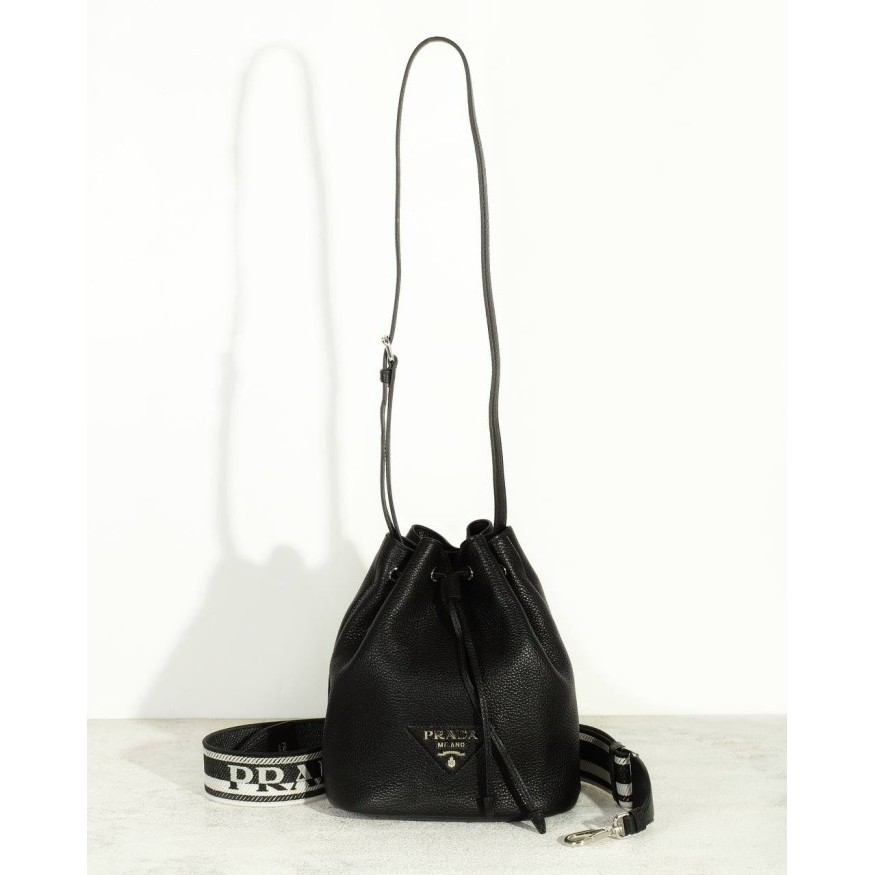 Tas Wanita Prada Flou Bucket Bag in Black Leather Original