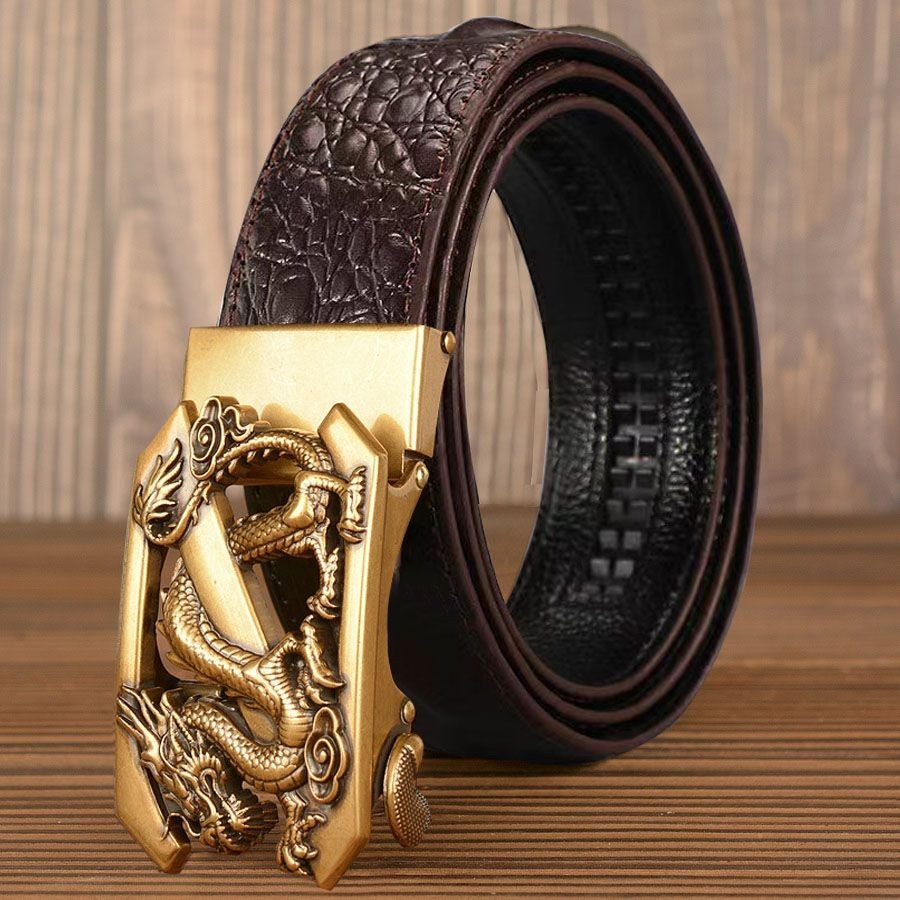 Sabuk Kulit Asli Pria, Ikat Pinggang Gesper Otomatis Pola Buaya Retro