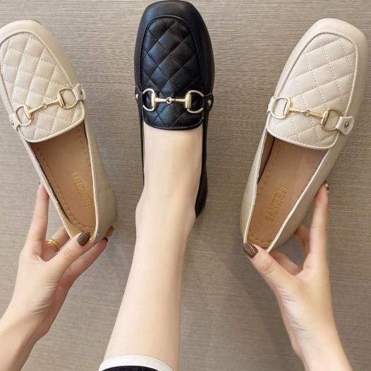Sepatu Flat Shoes Kerja Wanita Hak 3 Cm Kulit Elegan Mules
