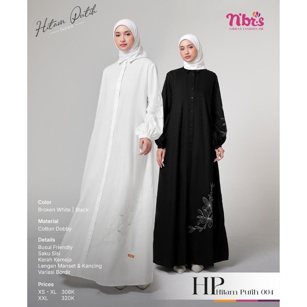 Gamis Wanita Remaja Kekinian Nibras 4 Bahan Cotton Dob Nibras Hitam Putih Simple Elegant