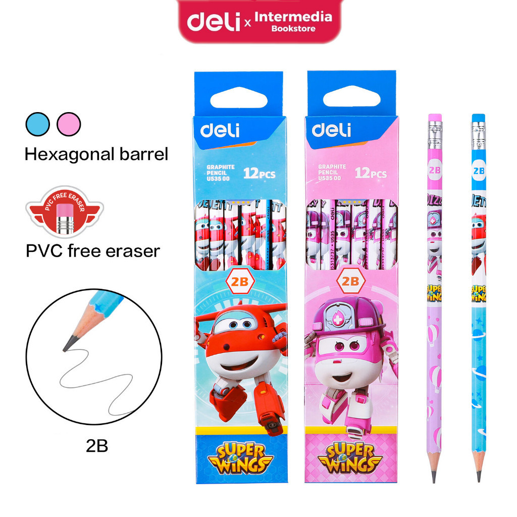 

Deli Graphite Pensil 2B EU53500 Karakter Super Wings dengan penghapus 12pcs/Box