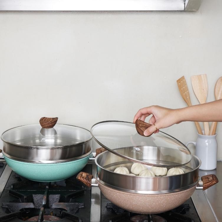 stok Pero Basic Doa Multifunction 2in1 Wok 32cm + Steamer NONSTICK / Wajan Wok + Kukusan SerbaGuna /